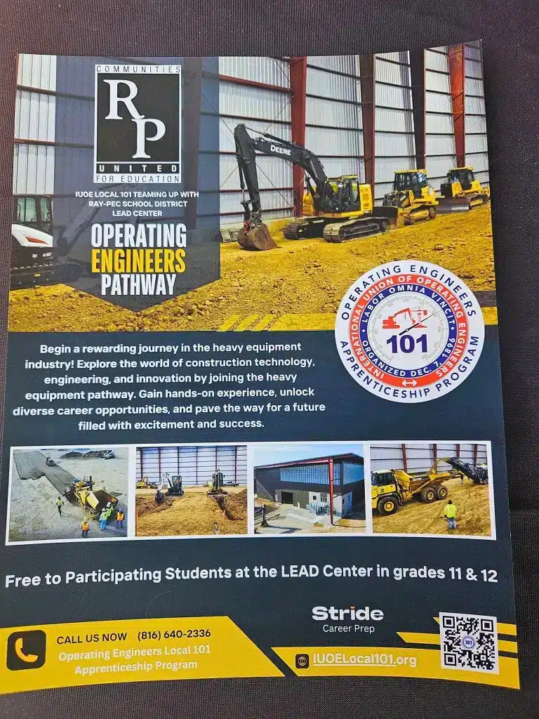 Flyer for the Operating Engineers Pathway Program, a partnership between IUOE Local 101 and the Ray-Pec School District LEAD Center, with photos of heavy equipment training