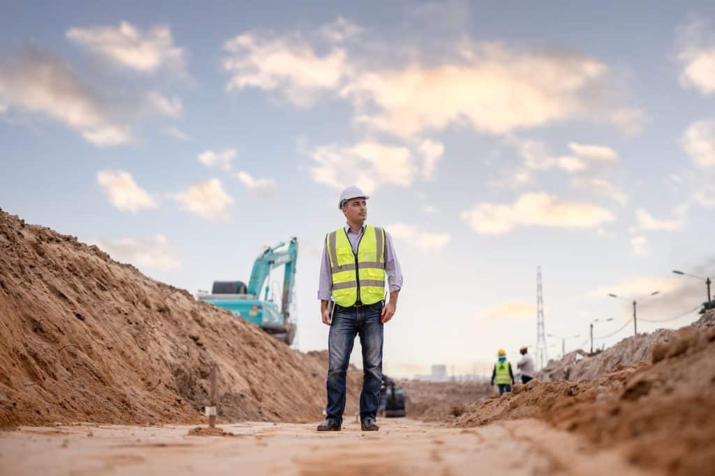 Construction engineer wearing a safety vest and hardhat standing at a job site with an excavator in the background
